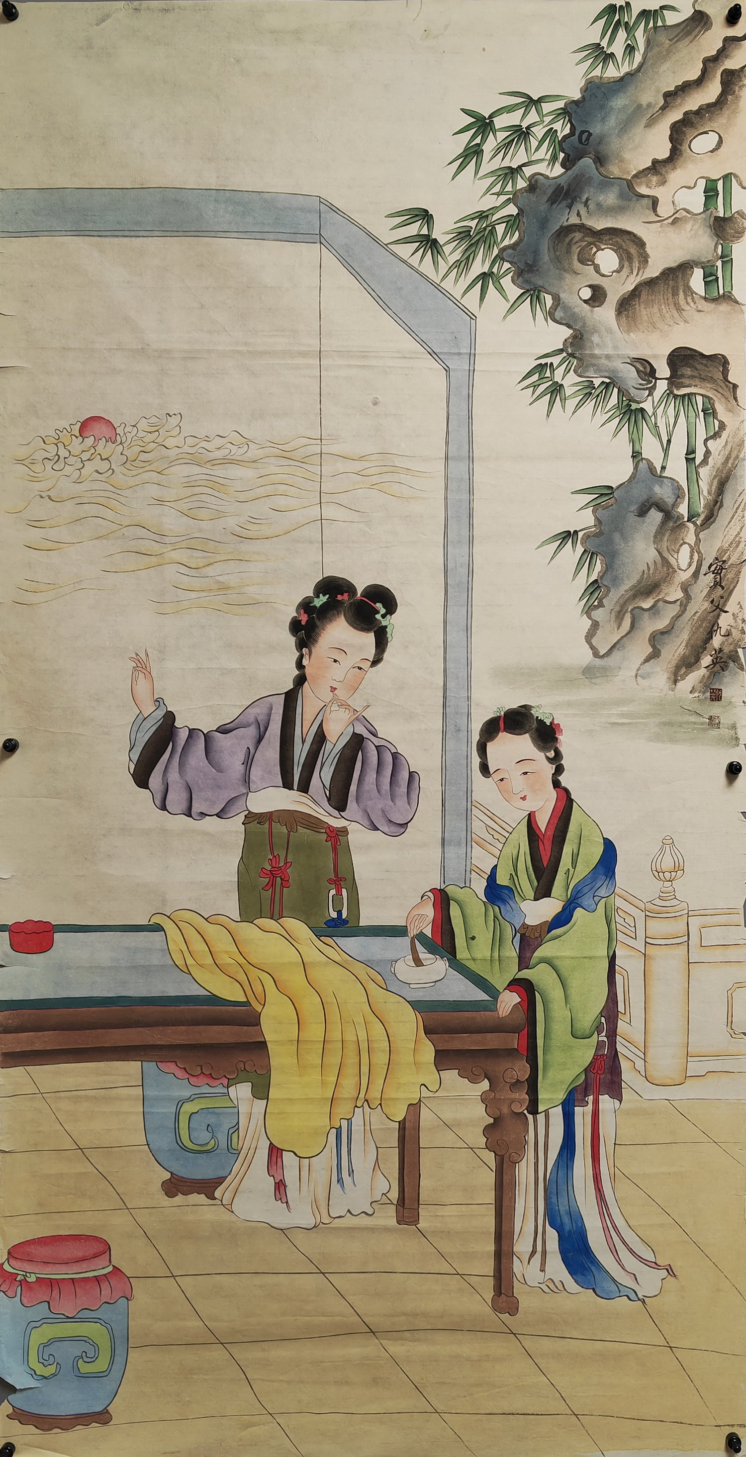 中国古美術・仕女図三尺画芯・純手描き・工筆・彩色画・仇英印款・書道・宣紙・带水印 036 仇英仕女画心|品得拍—24小时在线拍卖平台