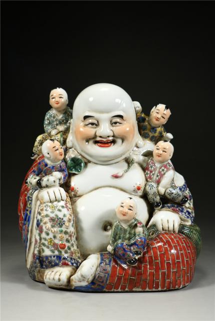 004 魏洪泰造款粉彩五子登科弥勒佛|品得拍—24小时在线拍卖平台