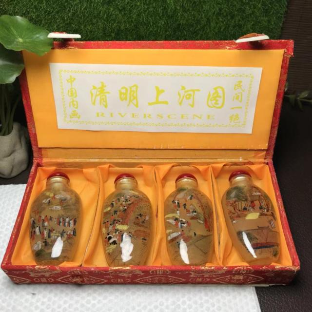 039 纯天然手工内画清明上河图琉璃鼻烟壶套组（四件，连礼盒）|品得拍