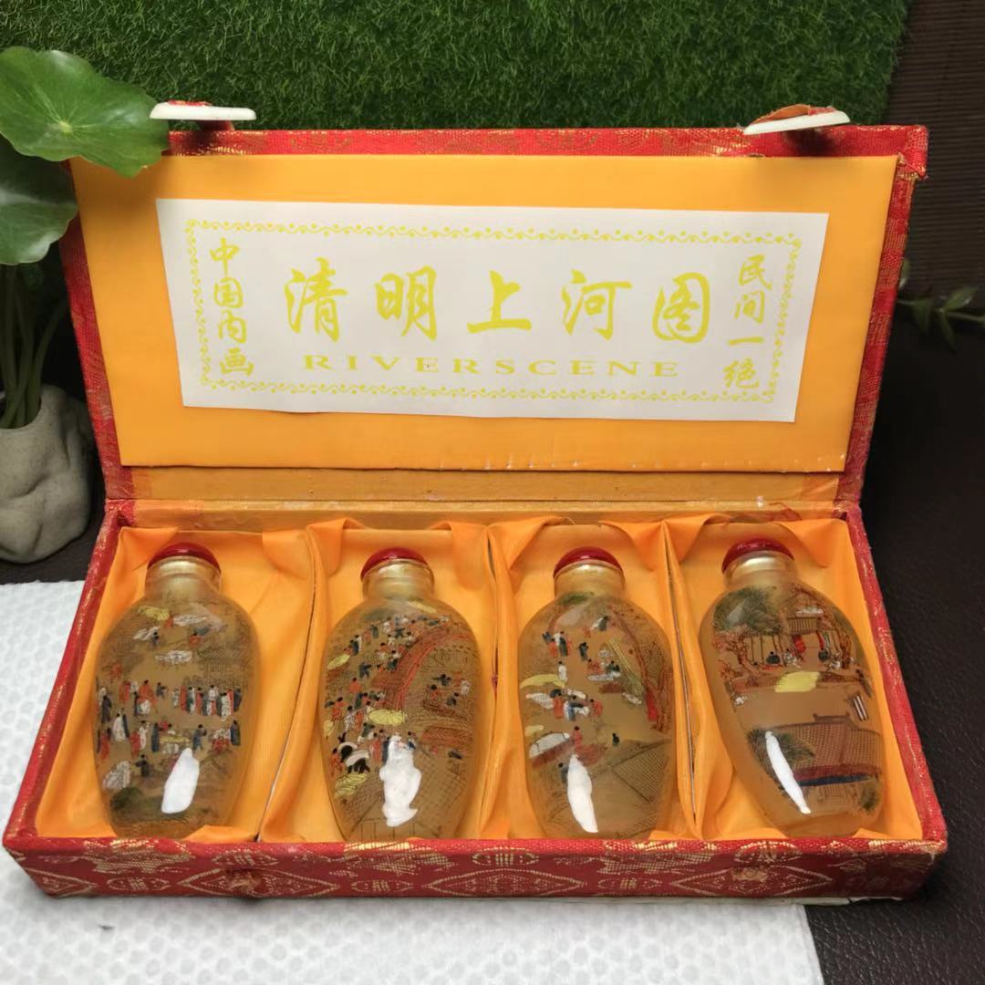 039 纯天然手工内画清明上河图琉璃鼻烟壶套组（四件，连礼盒）|品得拍