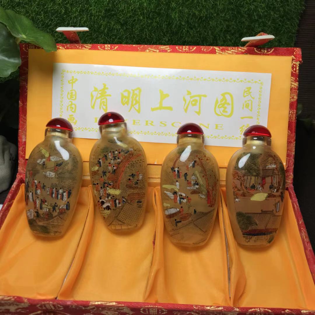 039 纯天然手工内画清明上河图琉璃鼻烟壶套组（四件，连礼盒）|品得拍