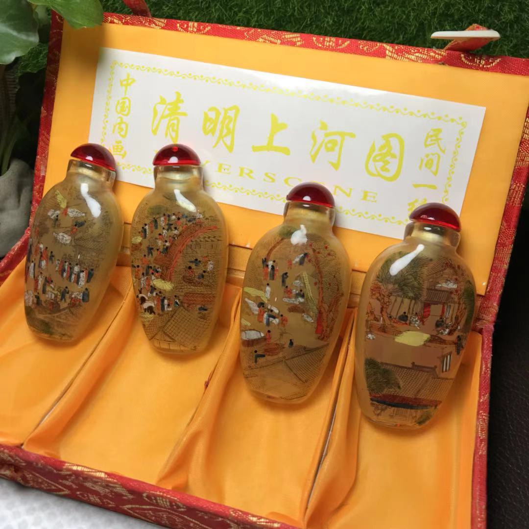 039 纯天然手工内画清明上河图琉璃鼻烟壶套组（四件，连礼盒）|品得拍
