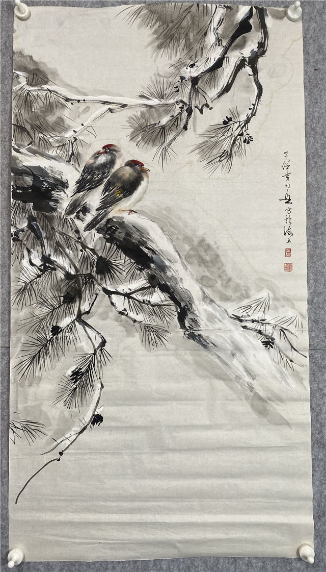 鳥 画賛 紙本掛軸 中国？ 作者不詳 次言？次公筆 B-4364【真作】中国・張士保 肉筆紙本淡彩 瓶花画賛 掛軸/中国書画 唐