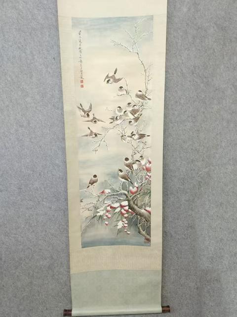 【掛軸】花鳥図「連蒂双栖」颜伯龙風 宣紙・表装済み 176×68cm 028 颜伯龙花鸟立轴|品得拍—24小时在线拍卖平台