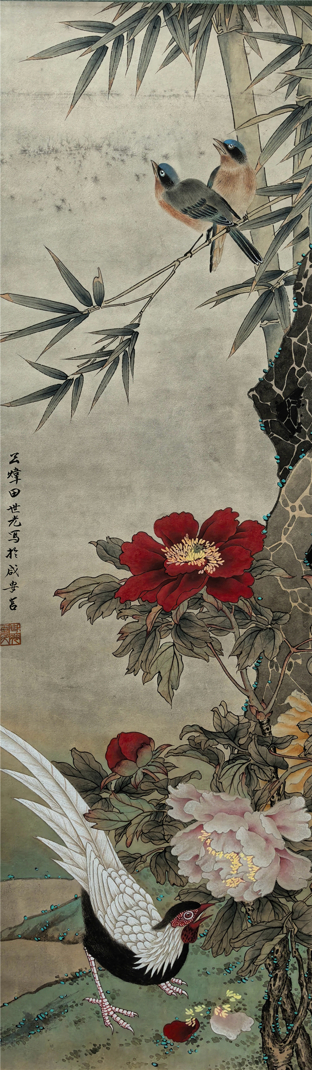 中国古美術.田世光款.花鳥画.宣紙画.三尺手描き.肉筆.掛け軸.絵画.書道.旧蔵 四尺中堂 中国花鳥画 田世光 紅葉白猿図 掛軸 証書付 【公式通販】